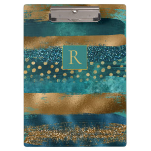 Modern teal, gold brush strokes and monogram clipboard