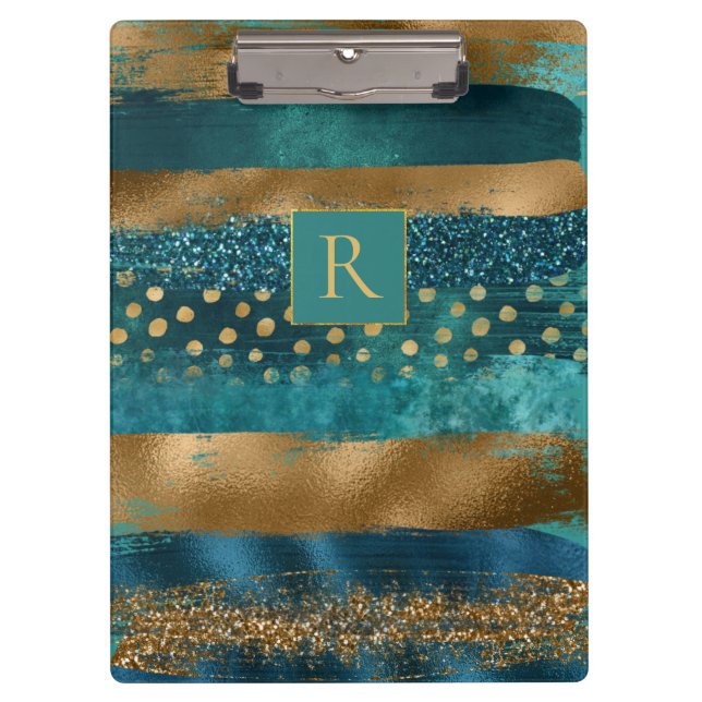 Modern teal, gold brush strokes and monogram clipboard (Front)