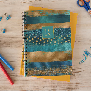 Modern teal, gold brush strokes and monogram notebook