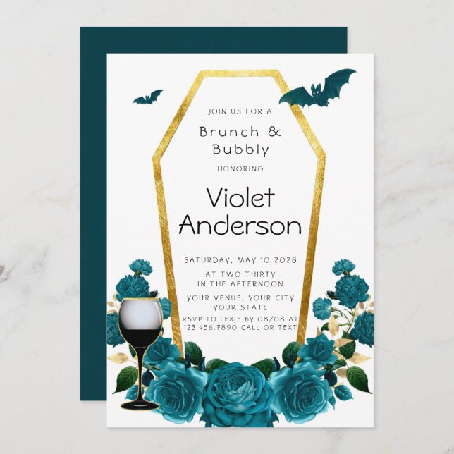 Modern Teal Gold Coffin Florals Brunch & Bubbly Invitation (Front/Back)