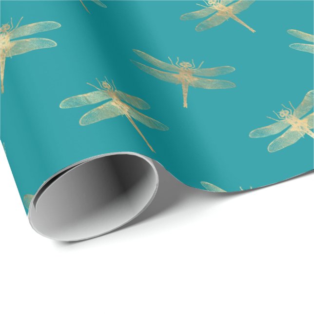 Modern Teal Gold Dragonfly Pattern Wrapping Paper (Roll Corner)