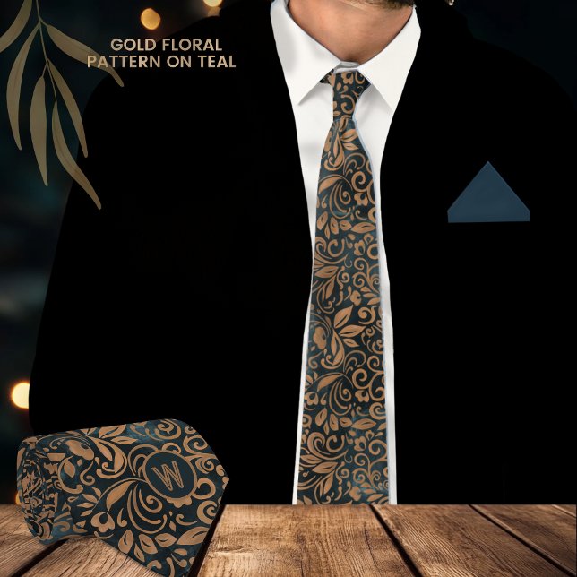 Modern Teal Gold Floral Pattern Monogram Tie (Modern Teal Gold Floral Pattern Monogram Neck Tie)