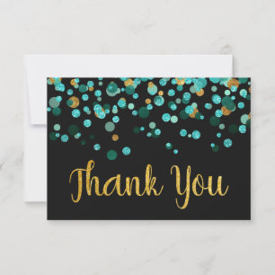 Modern Teal Gold Glitter Confetti Black Thank You