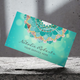 Modern Teal & Gold Mandala Flower Spa Salon Business Card