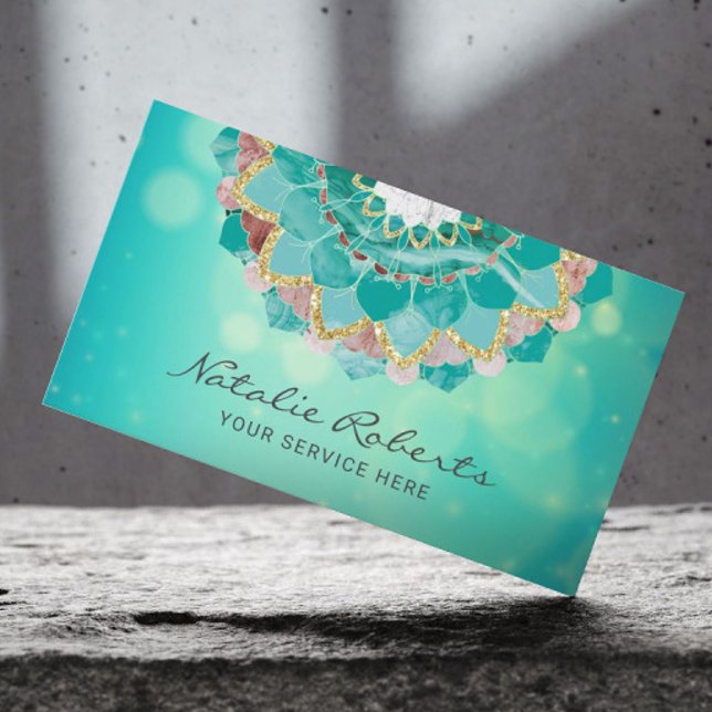 Modern Teal & Gold Mandala Flower Spa Salon Business Card (Creator Uploaded)