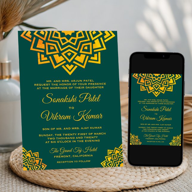 Modern Teal Gold Mandala Indian Wedding Invitation (Creator Uploaded)
