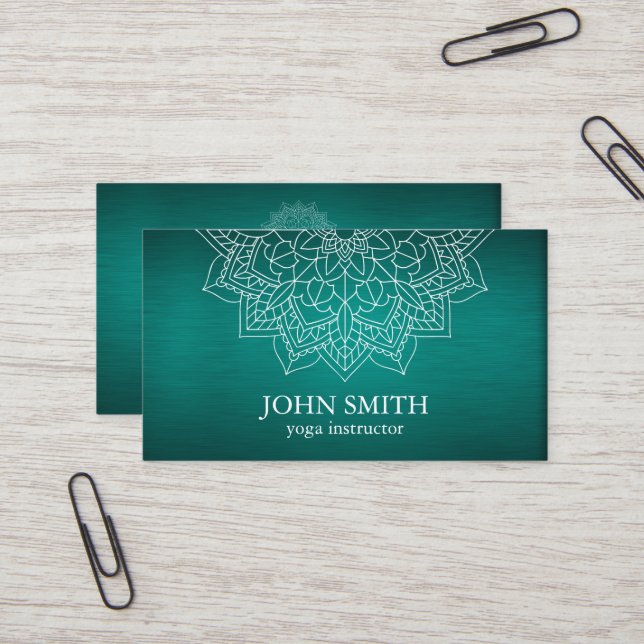 Modern Teal & Gold Mandala Yoga Instructor Busines Business Card (Front/Back In Situ)