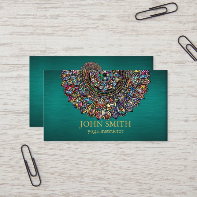 Modern Teal & Gold Mandala Yoga Instructor Busines Business Card (Front/Back In Situ)