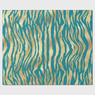 Modern Teal Gold Shimmer Tiger Stripes Birthday Wrapping Paper