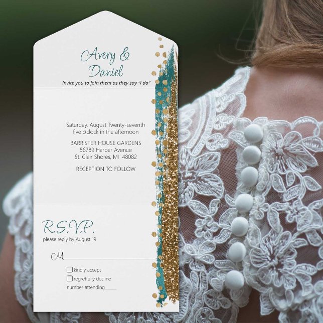 Modern Teal Gold Sparkle Calligraphy Wedding All In One Invitation (Beautiful teak and gold edge gives a distinctly modern vibe to this all-in-one invitation)