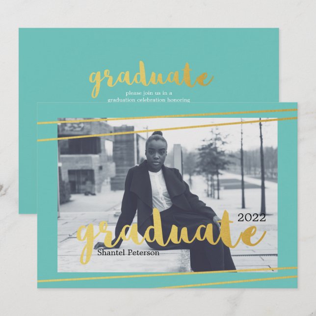 Modern Teal, Gold, & White Graduate Invitations (Front/Back)