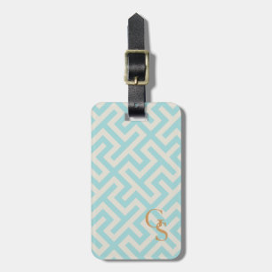 Modern teal greek key geometric patterns monogram luggage tag
