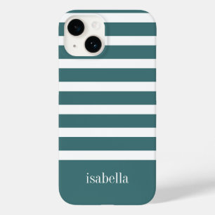 Modern Teal Green and White Stripe with Monogram Case-Mate iPhone 14 Case
