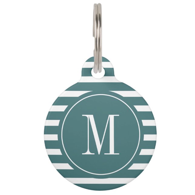 Modern Teal Green and White Stripe with Monogram  Pet Tag (Front)
