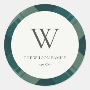 Modern Teal Green Blue Plaid Pattern Monogram Classic Round Sticker