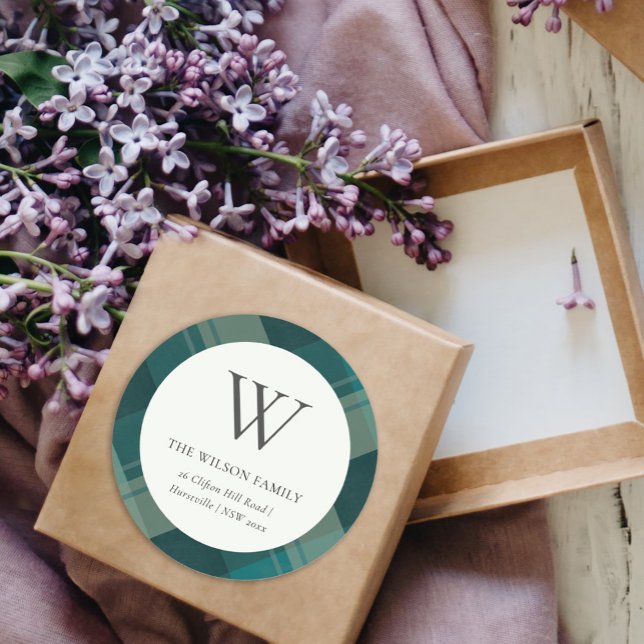 Modern Teal Green Blue Plaid Pattern Monogram Classic Round Sticker (Creator Uploaded)