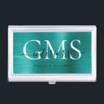 Modern Teal Green Brushed Metal 3 Monogram Script Business Card Holder<br><div class="desc">Modern Elegant Teal Green Brushed Metal Monogram Script Business Card Case</div>
