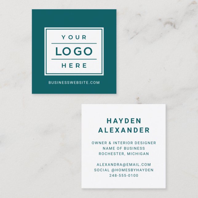 Modern Teal Green Custom Business Logo Square Business Card (Front/Back)