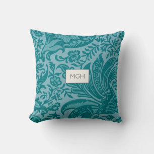 Modern Teal Green Floral Botanical Monogram Cushion