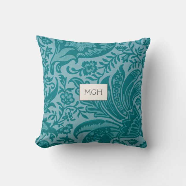 Modern Teal Green Floral Botanical Monogram Cushion (Front)