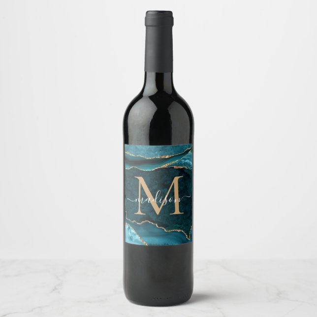 Modern Teal Green Gold Agate Geode Chic Monogram Wine Label (Front)