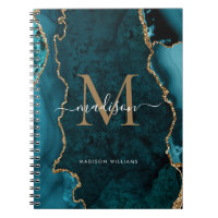 Modern Teal Green Gold Agate Geode Monogram Script