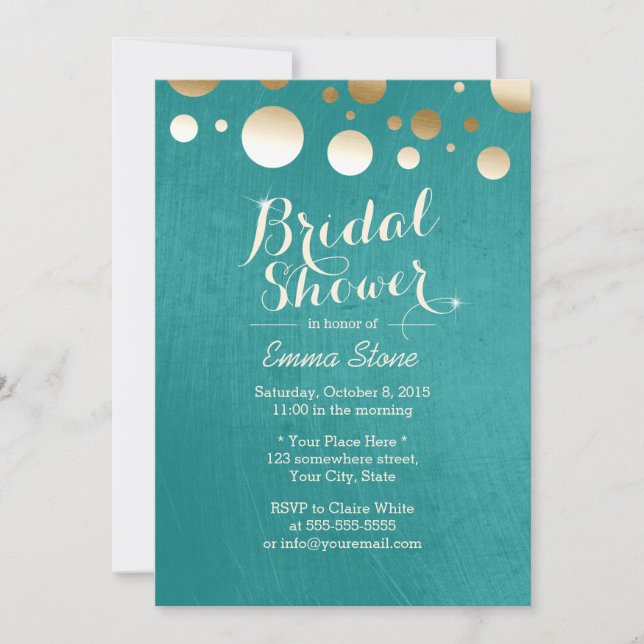 Modern Teal Green Gold Dots Bridal Shower Invitation (Front)
