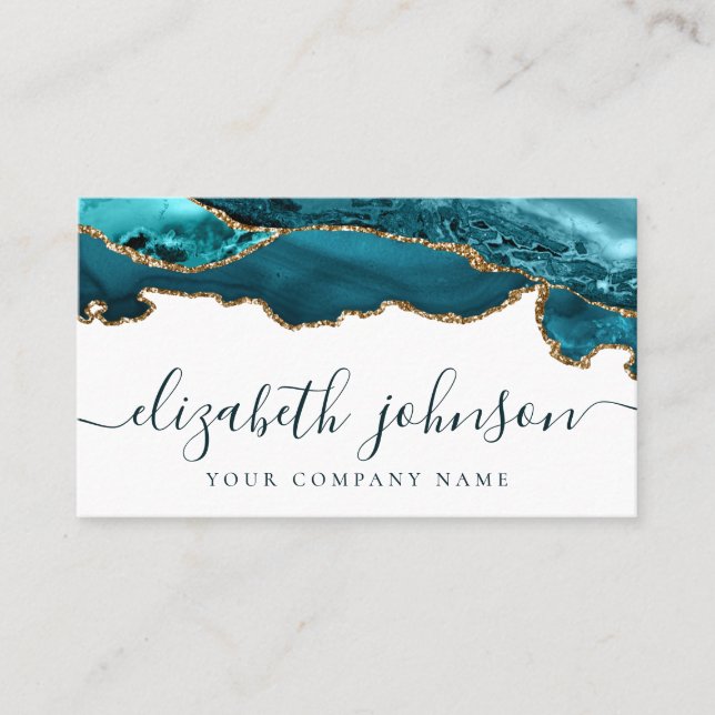 Modern Teal Green Gold Glitter Agate Marble Business Card (Front)