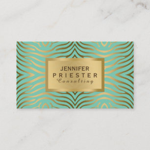 Modern Teal-Green & Gold Zebra Stripes Pattern Business Card