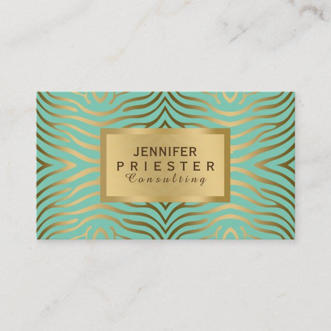 Modern Teal-Green & Gold Zebra Stripes Pattern Business Card (Front)