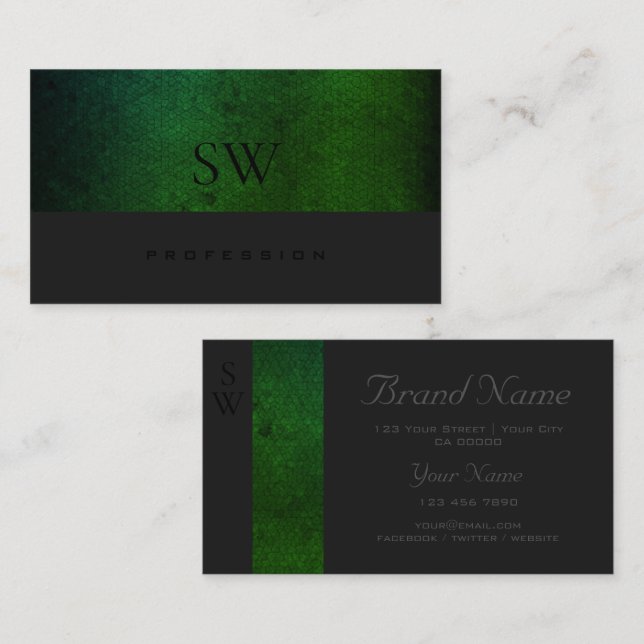 Modern Teal Green Gradient Dark Grey with Monogram Business Card (Front/Back)