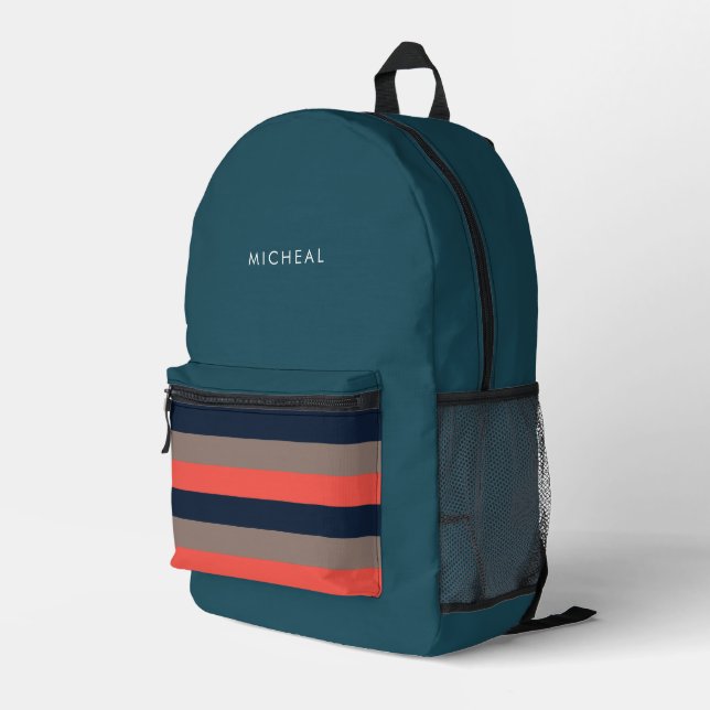  Modern Teal Green & Retro  Stripes  Printed Backpack (Back Corner Right)