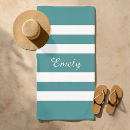 Modern Teal Green Striped Beach Towel