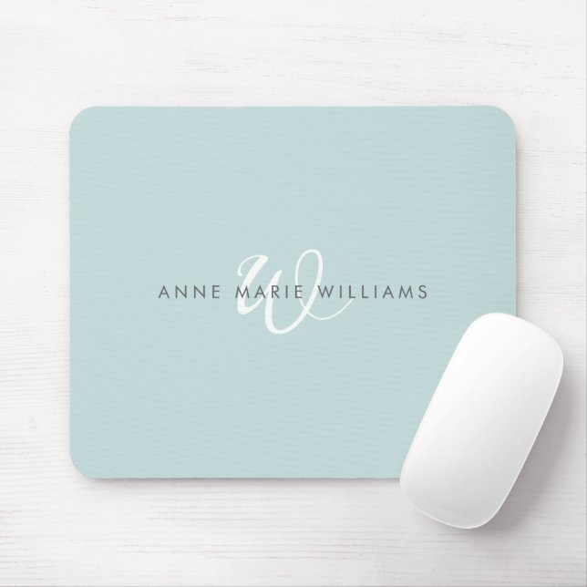 Modern Teal Green White Script Monogram Mouse Mat (With Mouse)