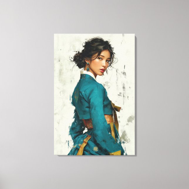 Modern Teal Hanbok Portrait Canvas Art (Front)