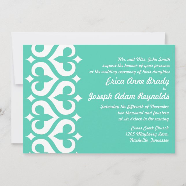 Modern Teal Heart Fleur de Lis Wedding Invitation (Front)