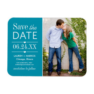 Modern Teal Hearts Wedding Photo Save the Date Magnet