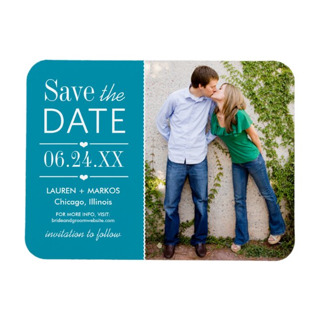 Modern Teal Hearts Wedding Photo Save the Date Magnet (Horizontal)