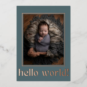 Modern Teal Hello World Photo Birth Announcement