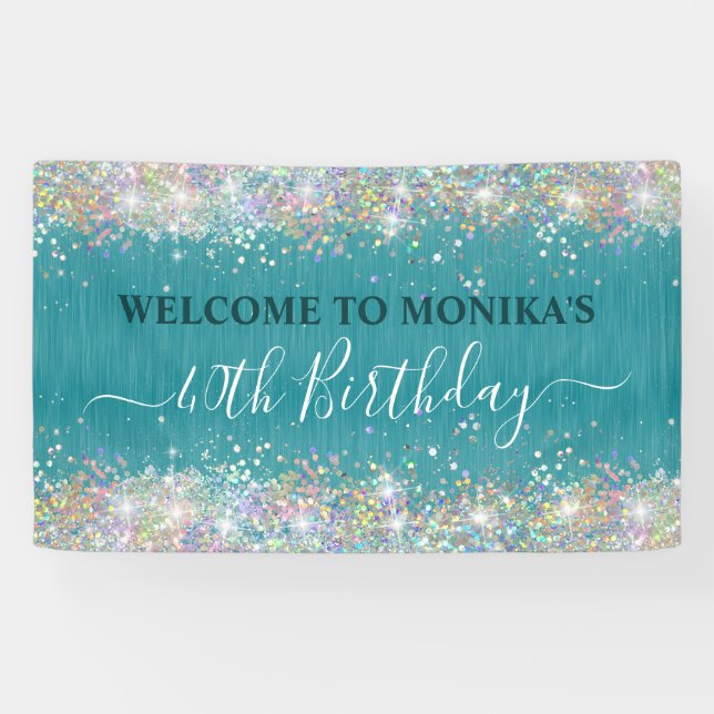 Modern Teal Holographic Faux Glitter Monogram Banner (Horizontal)