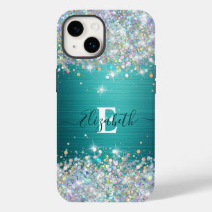 Modern Teal Holographic Faux Glitter Monogram Case-Mate iPhone 14 Case