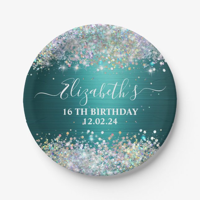 Modern Teal Holographic Faux Glitter Monogram Paper Plate (Front)