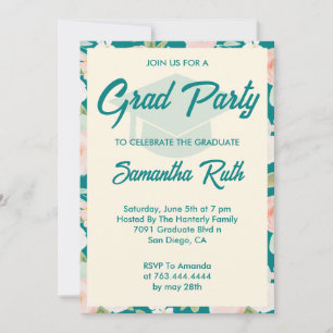 Modern Teal Ivory Floral Graduation Party Invitation