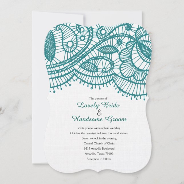 Modern Teal Lace Whimsical Wedding Invitations (Front)