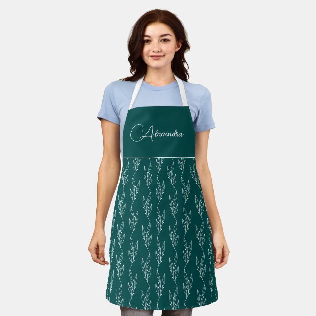 Modern Teal Leafy Floral Script Personalised Apron (Worn)