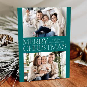 Modern Teal Merry Christmas 2 Photo Holiday Card