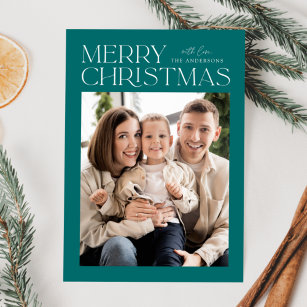 Modern Teal Merry Christmas Photo Holiday Card