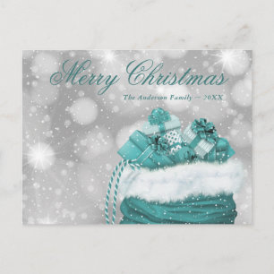 Modern Teal Merry Christmas Snow Presents Holiday Postcard