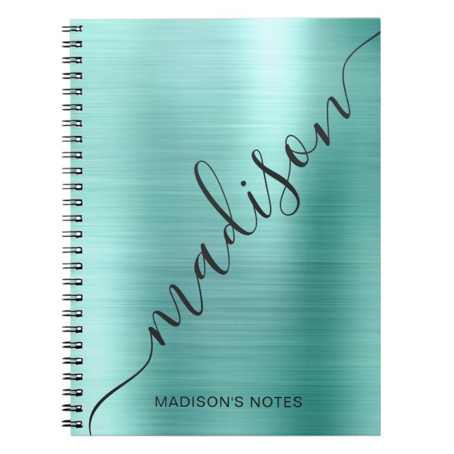 Modern Teal Metal Monogram Signature Script Name Notebook (Front)