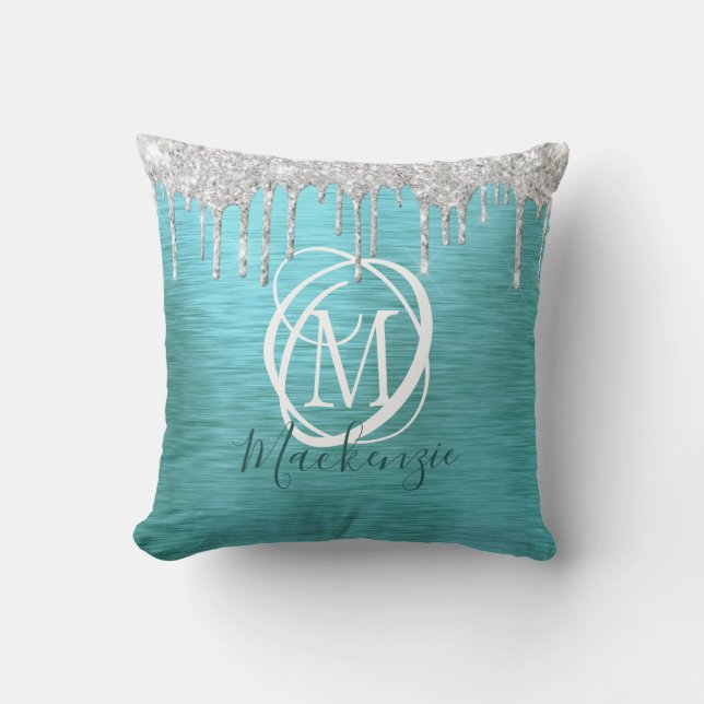 Modern Teal Metallic Silver Glitter Drip Monogram Cushion (Front)
